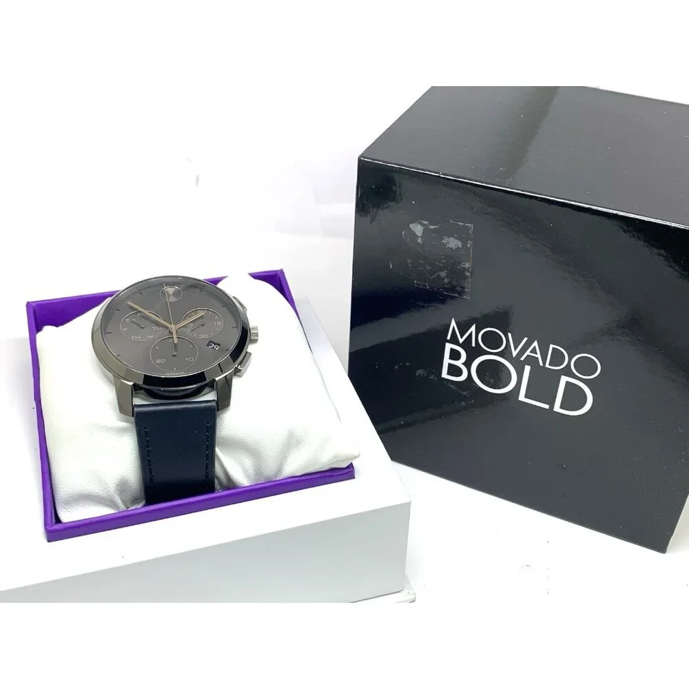 Movado Men's Watch 3600720 Swiss Quartz Chronograph Gray Dial Leather Band 42mm